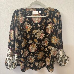BELLE BOHO by Kim Gravel Floral Blouse Black Yellow Cottagecore Size XL